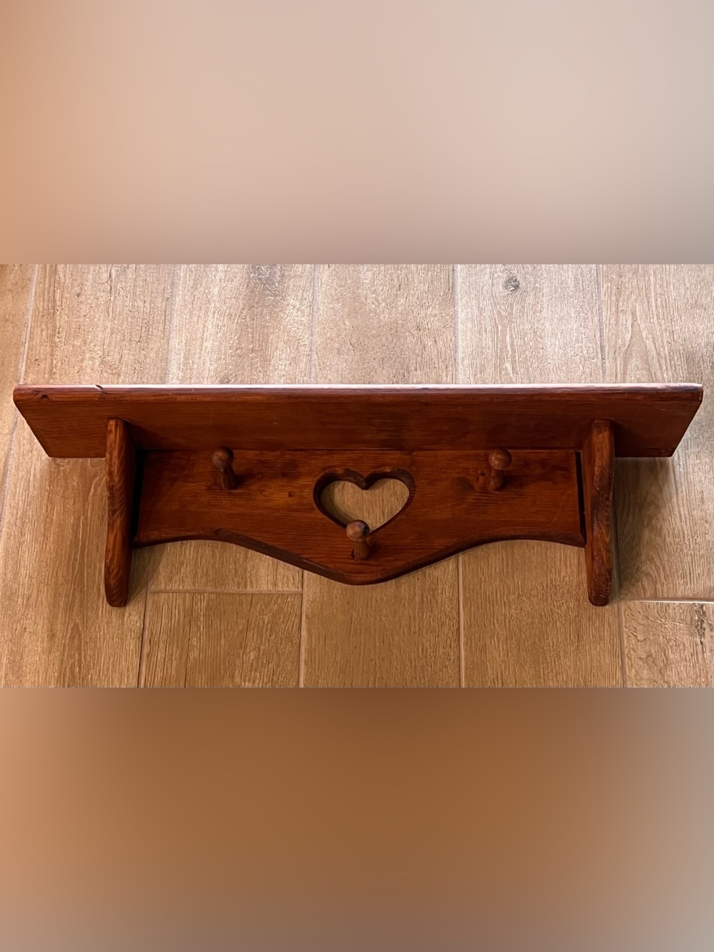Vintage Wooden Wall Shelf Heart Cutout 3 Peg Country Cottage Decor